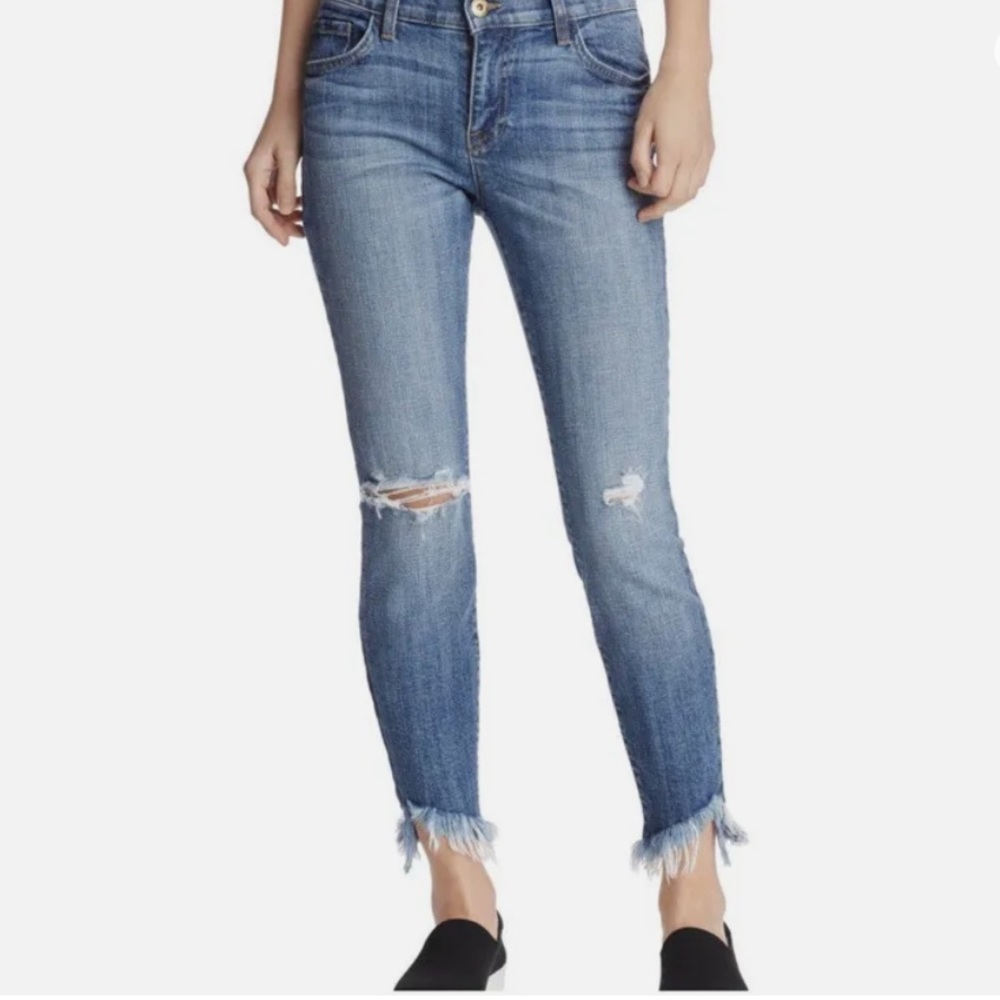 PISTOLA Ivy Distressed Uneven Fray Hem Cropped Skinny Medium Wash Jeans Size 29